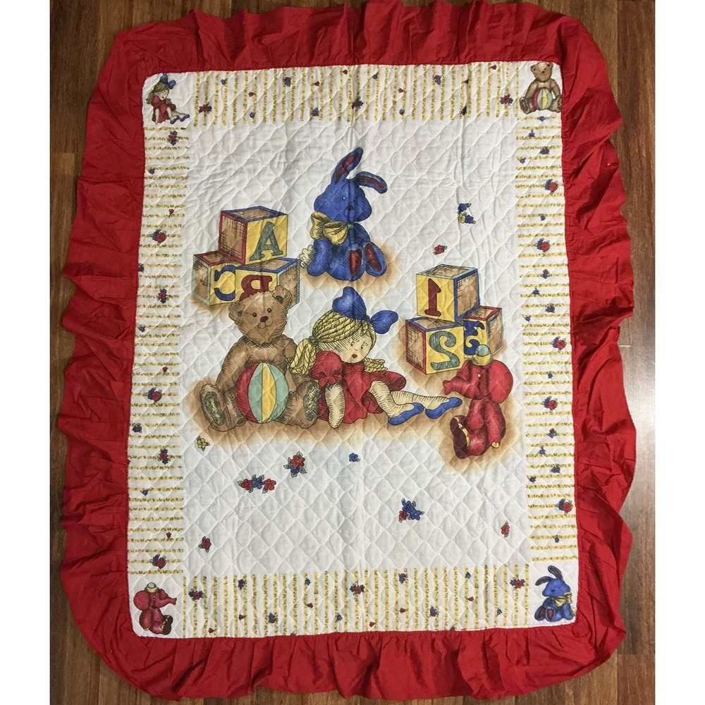 Vtg Handmade Baby Crib Quilt Teddy Doll Alphabet Blocks W/5in Red Ruffle